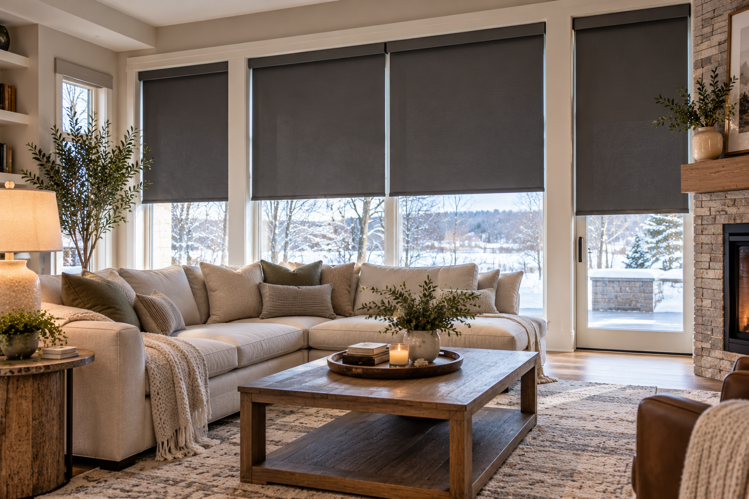Cozy living room with gray sofa, coffee table, floor lamp, and large windows with dark shades.
