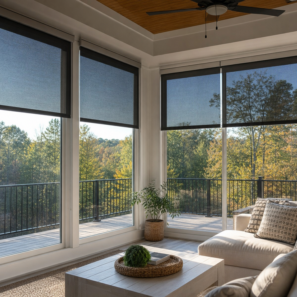 Bright sunroom with large windows, dark solar shades, a sectional sofa, coffee table, and wooded view outside