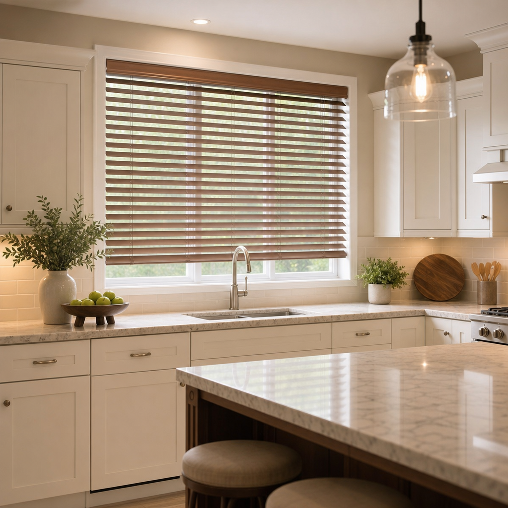 Bright white kitchen with marble island, faux wood blinds, hanging glass pendant, and potted plants