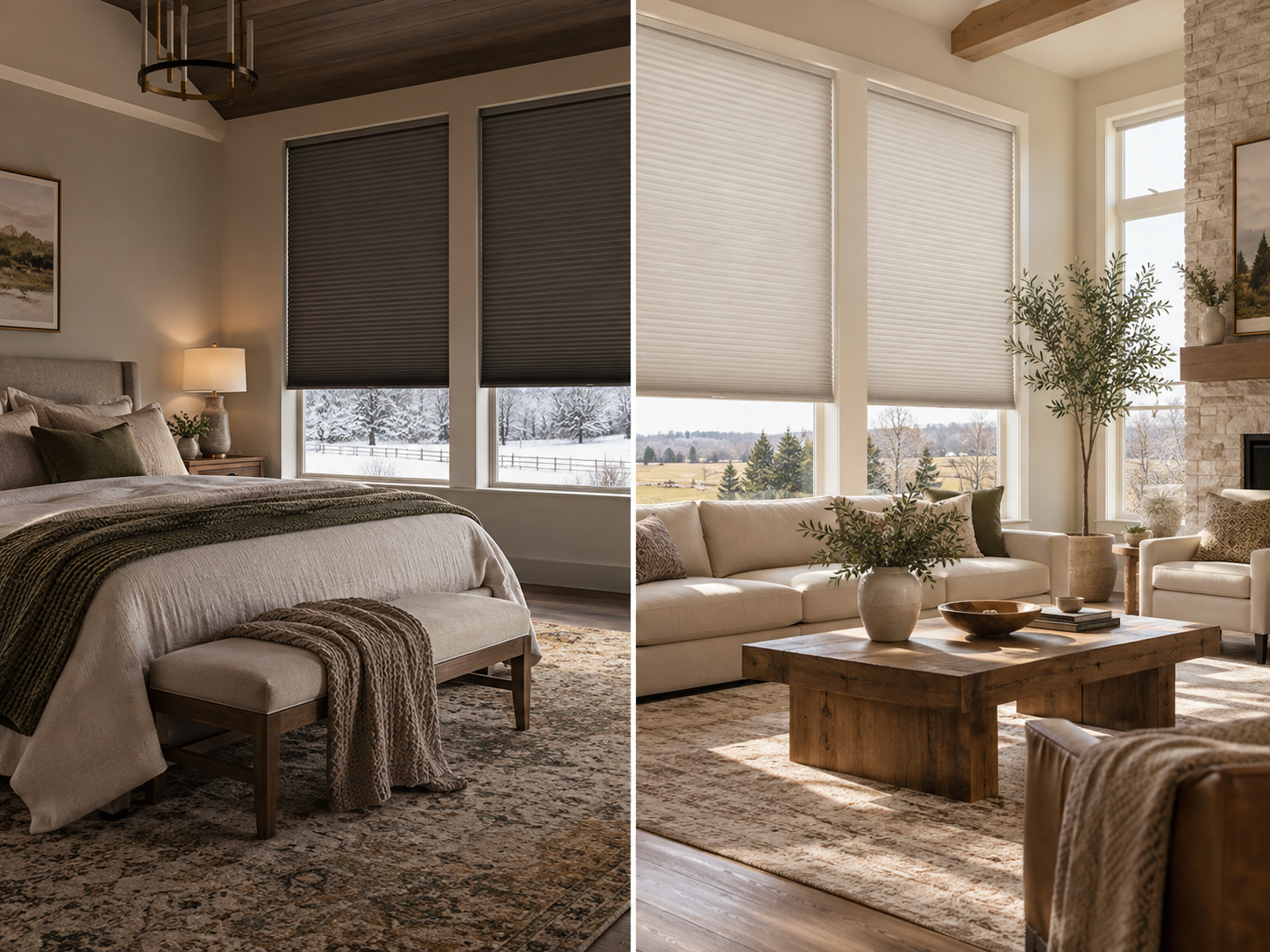 Cozy bedroom-living area with a bed, sofa, coffee table, and large windows with honeycomb shades.