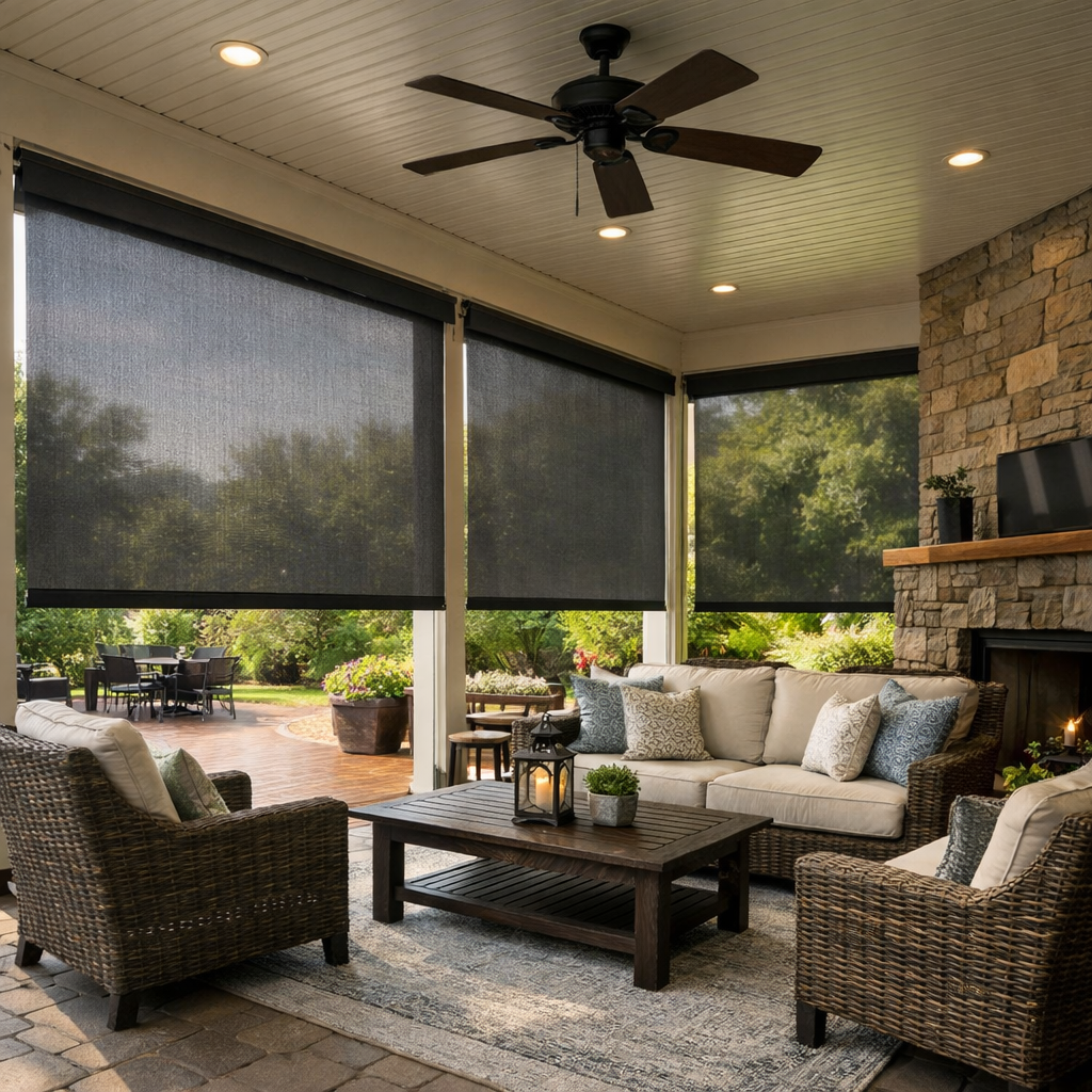 Covered patio with exterior patio shades, fireplace, ceiling fan, and large windows overlooking a yard.