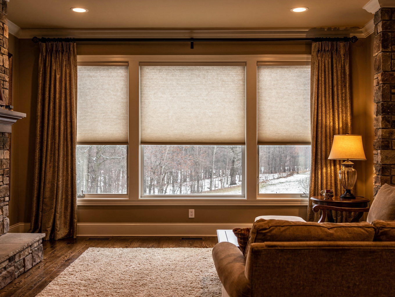 Cozy living room with large windows, beige blinds and drapery, brown sofa, fireplace, and a lit floor lamp overlooking snowy trees