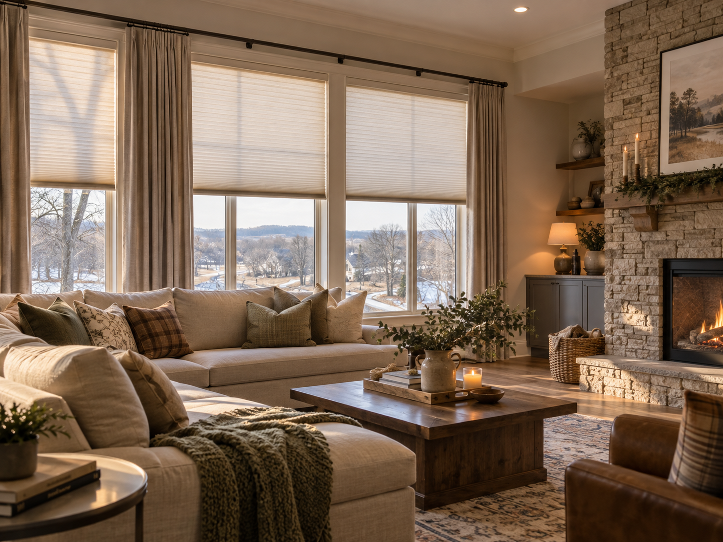 Cozy living room with stone fireplace, large windows, honeycomb shades, and a view of a snowy landscape.