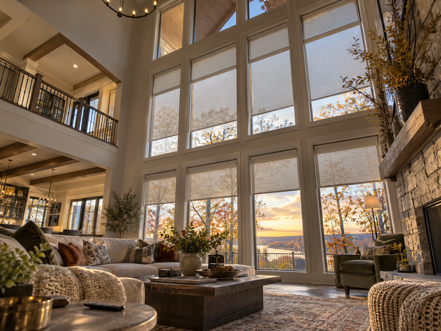 Bright luxury living room with floor-to-ceiling windows with roller shades, stone fireplace, and sunset view outside
