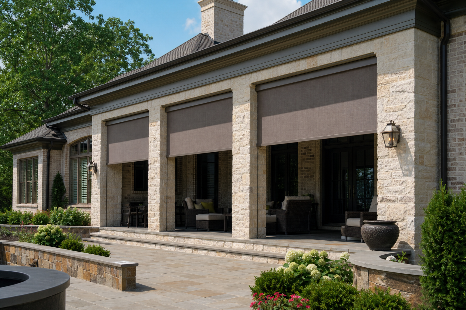 Modern stone house with tall windows, brown exterior patio shades, and a landscaped patio in front
