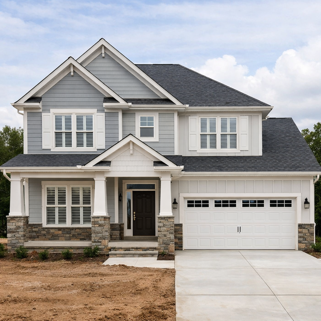 Two-story gray suburban house with white plantation shutters in the window.