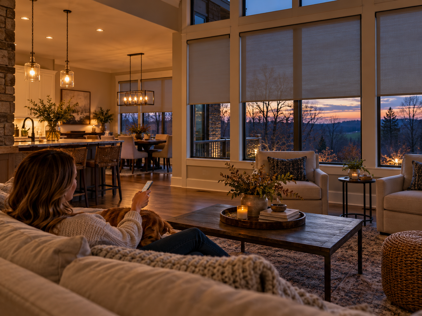 Person on couch watching sunset through large windows wiith remote controlled motorized window shades. 