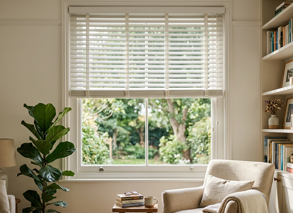 Cozy living room with a window, white wood blinds, potted plant, armchair, lamp, and bookshelf.