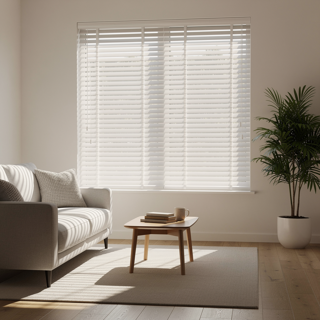 Sunlit living room with a gray sofa, small wooden table, rug, wood blinds, and a potted plant.