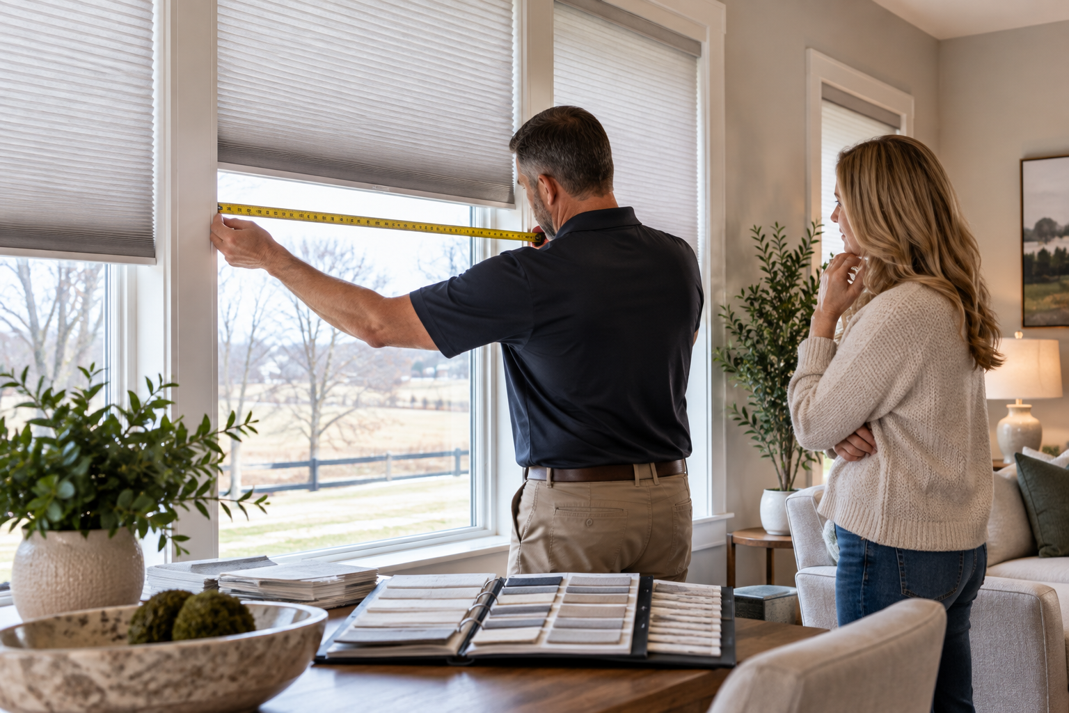 Two people stand by a window, adjusting a white blind in a bright living room with decor samples on the table.