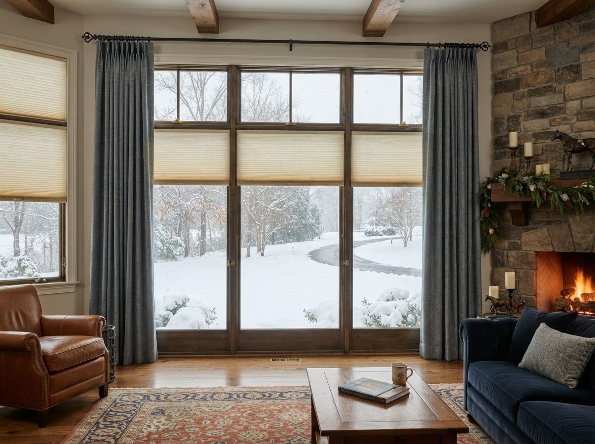 Cozy living room with large windows, honeycomb shades, fireplace, blue sofa, leather chair, and snowy view outside