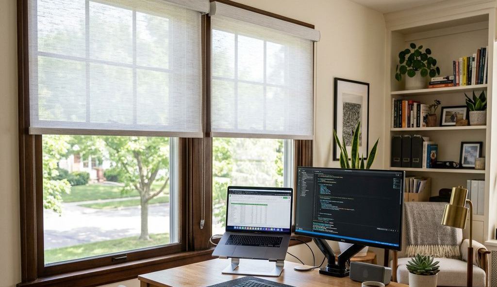 Home office with dual monitors, laptop, desk plant, and large windows with solar shades.