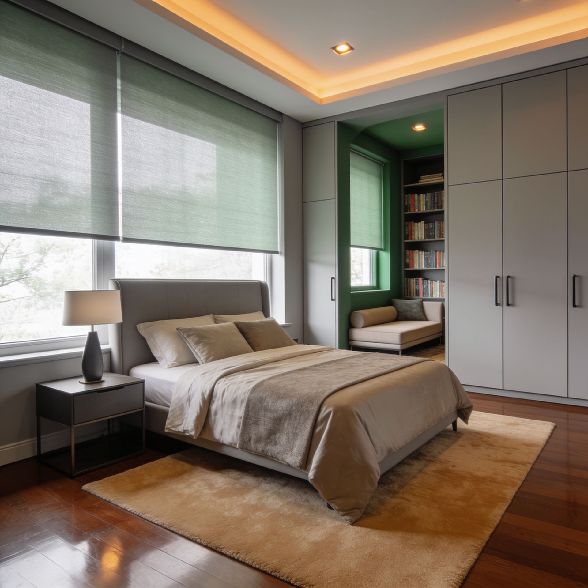 Modern bedroom with bed, nightstand, window blinds, built-in wardrobe, and warm recessed lighting