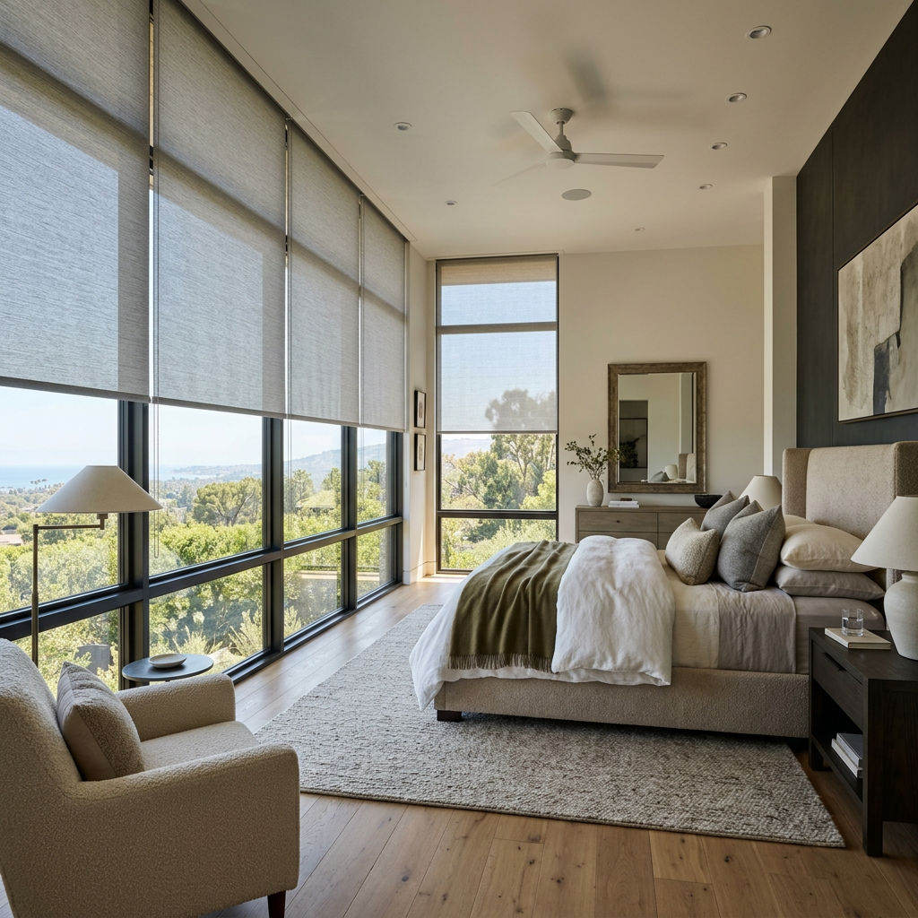 Modern bedroom with floor-to-ceiling windows with solar shades, neutral decor, and a bed overlooking a city view