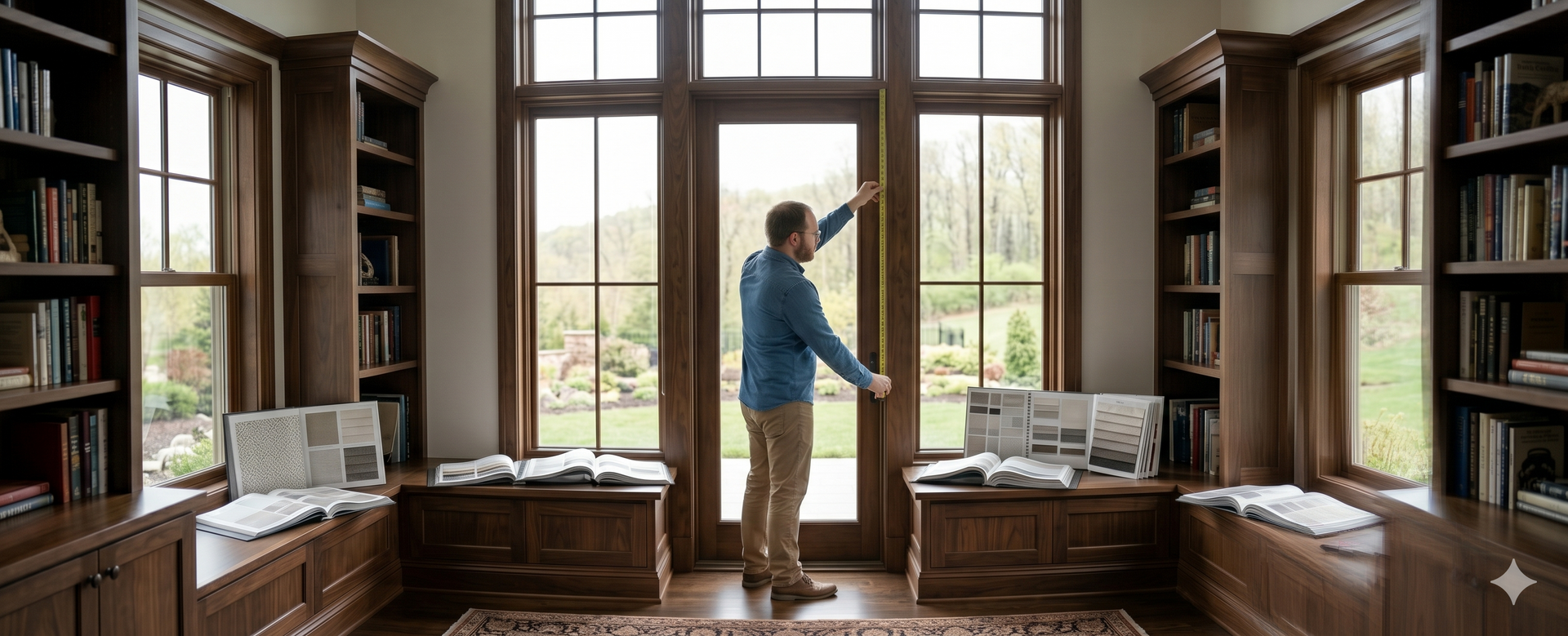 Sean Simmonds stands at a window in a sunlit library, measuring windows professionally.