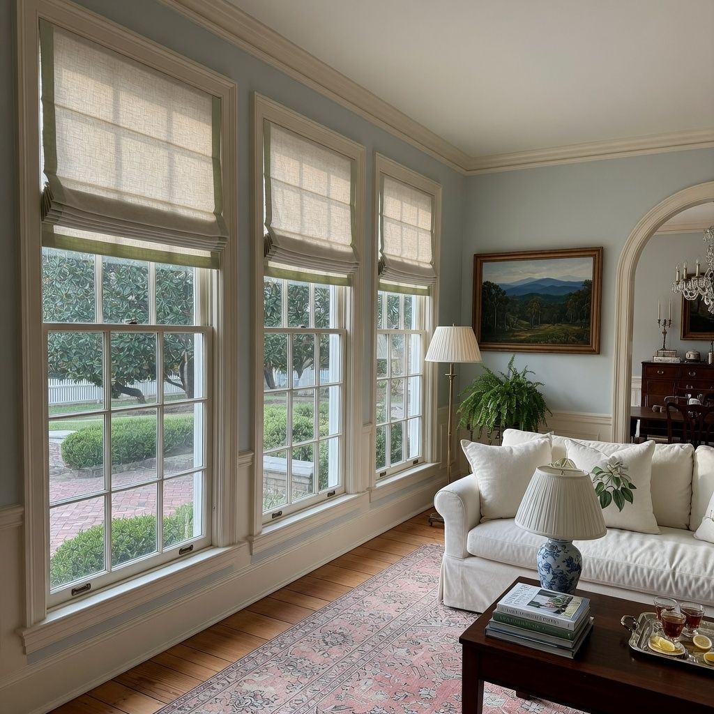 Bright living room with large windows, white sofa, roman shades, and soft neutral decor