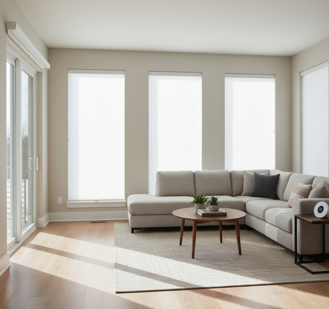 A living room with large windows has motorized window shades - simmonds blinds and drapes, ky