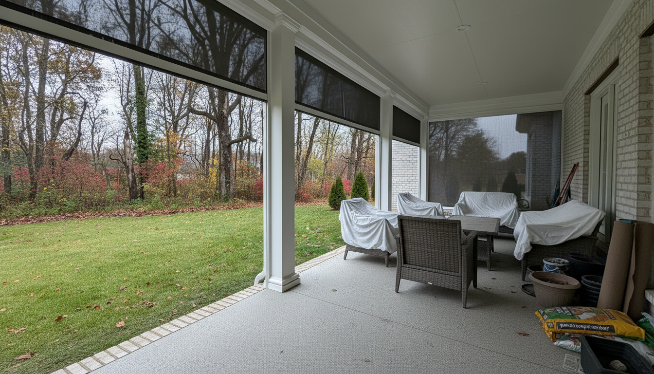 Covered porch with outdoor furniture; view of grassy yard and trees beyond.