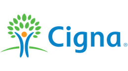 Cigna logo with blue wordmark and green tree emblem with orange trunk and blue figure