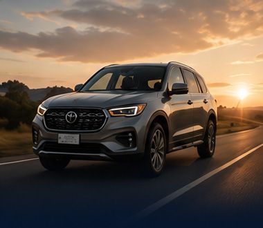 Silver SUV driving on a road at sunset, with mountains and orange sky in the background
