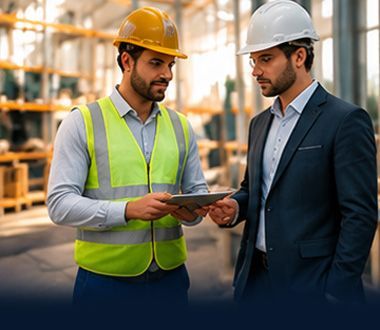 Two construction workers in hard hats review a tablet at a building site, one in a neon safety vest.