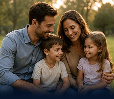 Family of four smiling together outdoors in warm evening light