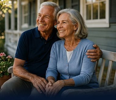 Smiling older couple sitting together on a bench outdoors, the man’s arm around the woman.