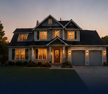 A two-story suburban house at dusk with lit windows, a front porch, and a two-car garage