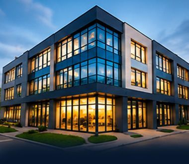 Modern glass office building at dusk with warm interior lights and blue exterior panels