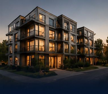 Modern apartment building at dusk with warm lit windows and balconies on a quiet street corner