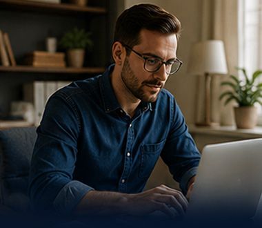 Man typing on a laptop in a cozy home office, wearing glasses and a blue shirt.