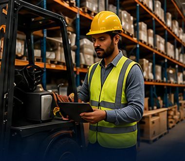 Warehouse worker in yellow safety vest and hard hat using a tablet beside stocked shelves