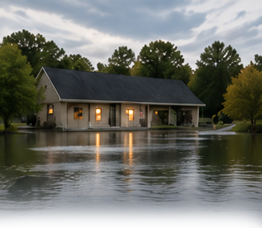 Lakeside house partly surrounded by floodwater at dusk, with warm lights glowing inside.