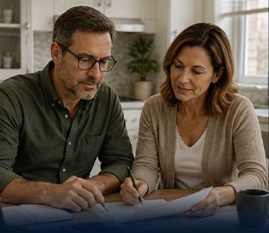 Two people reviewing blueprints at a table in a bright room, focused on a project.