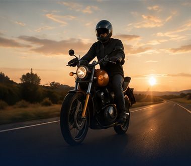 Motorcyclist riding on a rural road at sunset, with warm orange sky and headlights on