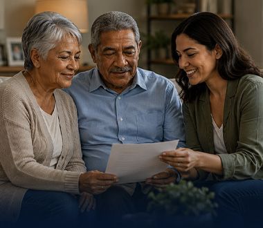 Three people smile while reviewing a document together at a table.