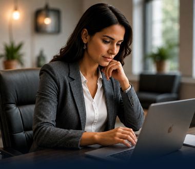 Woman in a gray blazer working on a laptop in a modern office, looking thoughtfully at the screen