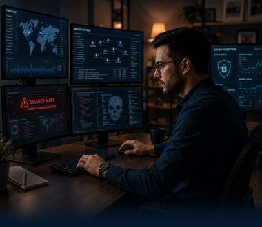 Man at a desk monitors multiple cybersecurity screens in a dark office, with red threat alerts displayed.