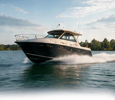Black luxury speedboat cutting through calm water, spraying wake under a partly cloudy sky