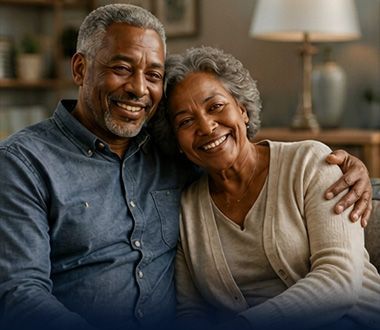 Two smiling people sit close together on a couch in a cozy living room