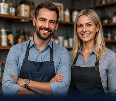 Two smiling baristas in blue aprons standing behind a counter in a café