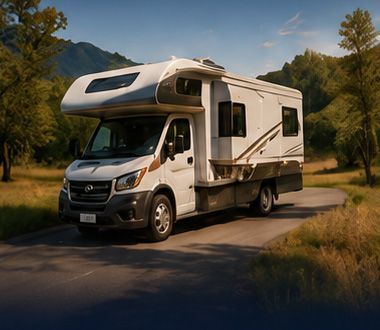 White RV driving on a winding road through a wooded, mountainous landscape at sunset