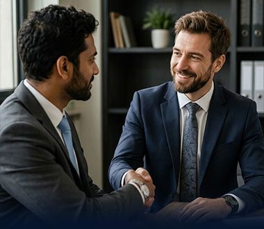 Two business professionals in suits shaking hands and smiling in an office setting