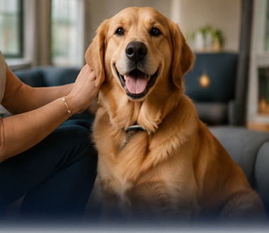 Golden retriever sitting indoors, smiling with tongue out as a person pets its head.