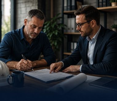 Two men reviewing documents at a desk in a dim office, one writing and the other pointing.