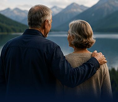 Two people stand by a mountain lake, looking at the water with an arm around each other.