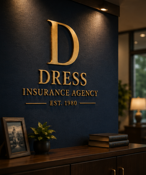 Dark navy wall sign for Dress Insurance Agency with gold lettering and a large “D” above a wooden counter
