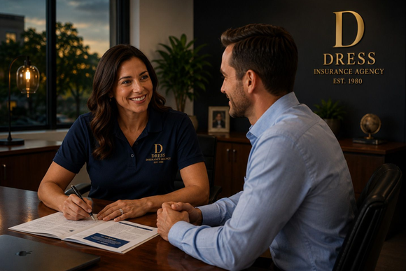 Two people discuss a design at a desk in a Dress Perfect boutique office.
