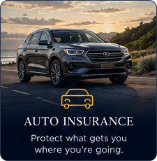 Dark SUV on a coastal road with text: “AUTO INSURANCE” and “Protect what gets you where you're going.”