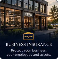 Business insurance ad for a storefront at dusk, with “OPEN” sign and text about protecting business, employees and assets